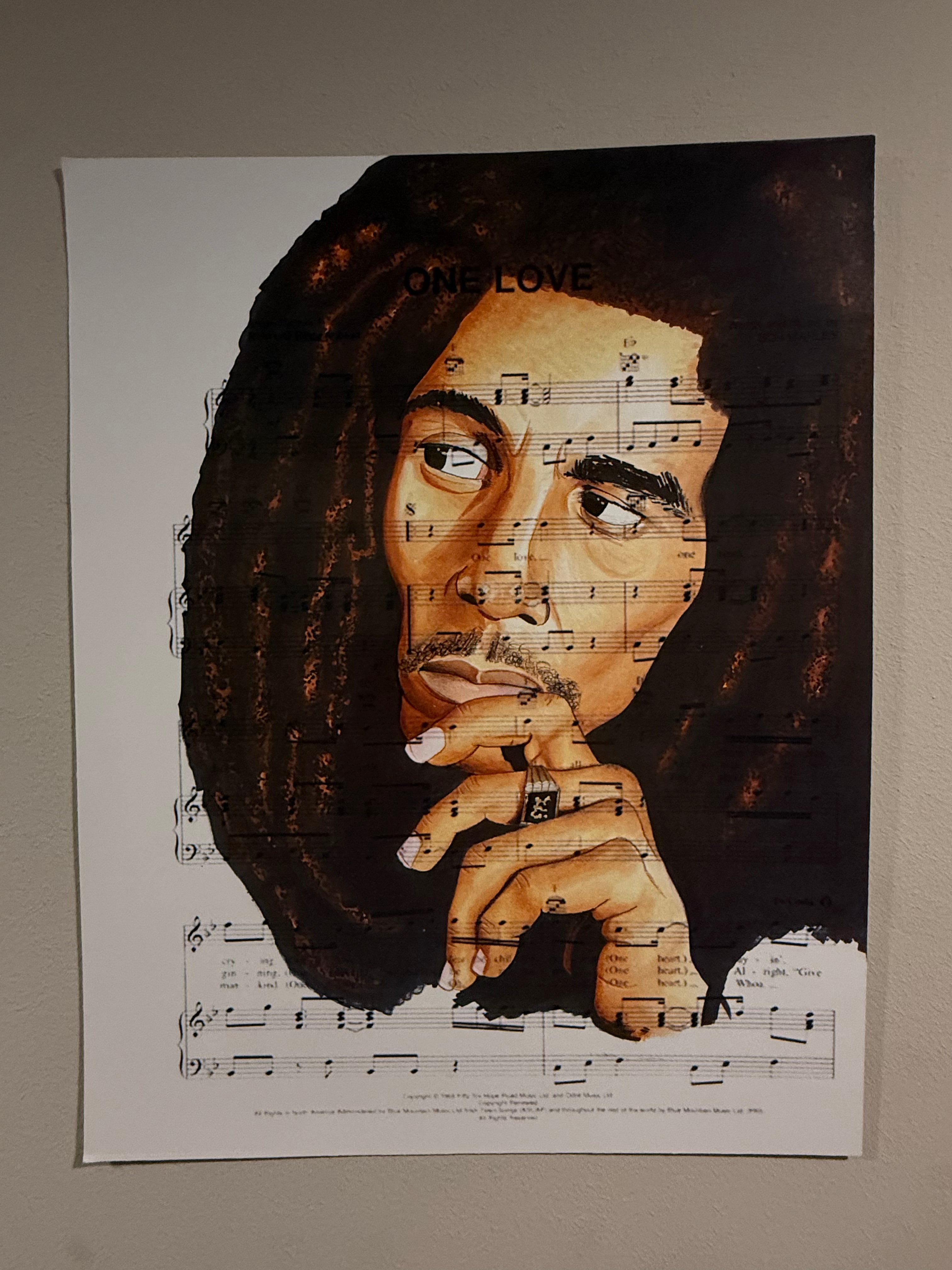 Bob Marley "One Love" — Original hand-painted Bob Marley One Love sheet music pop art print by Antonio Adamo
