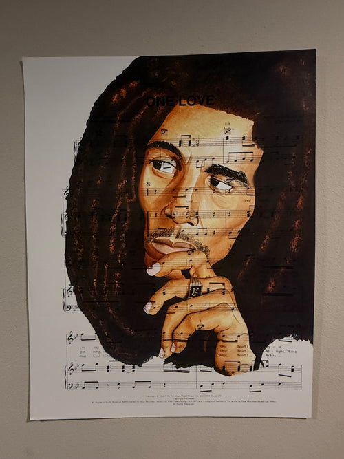 Bob Marley "One Love" — Original hand-painted Bob Marley One Love sheet music pop art print by Antonio Adamo